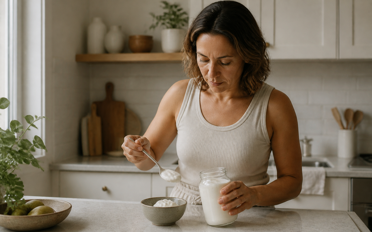 A woman in her forties spooning yogurt into a bowl at a kitchen counter